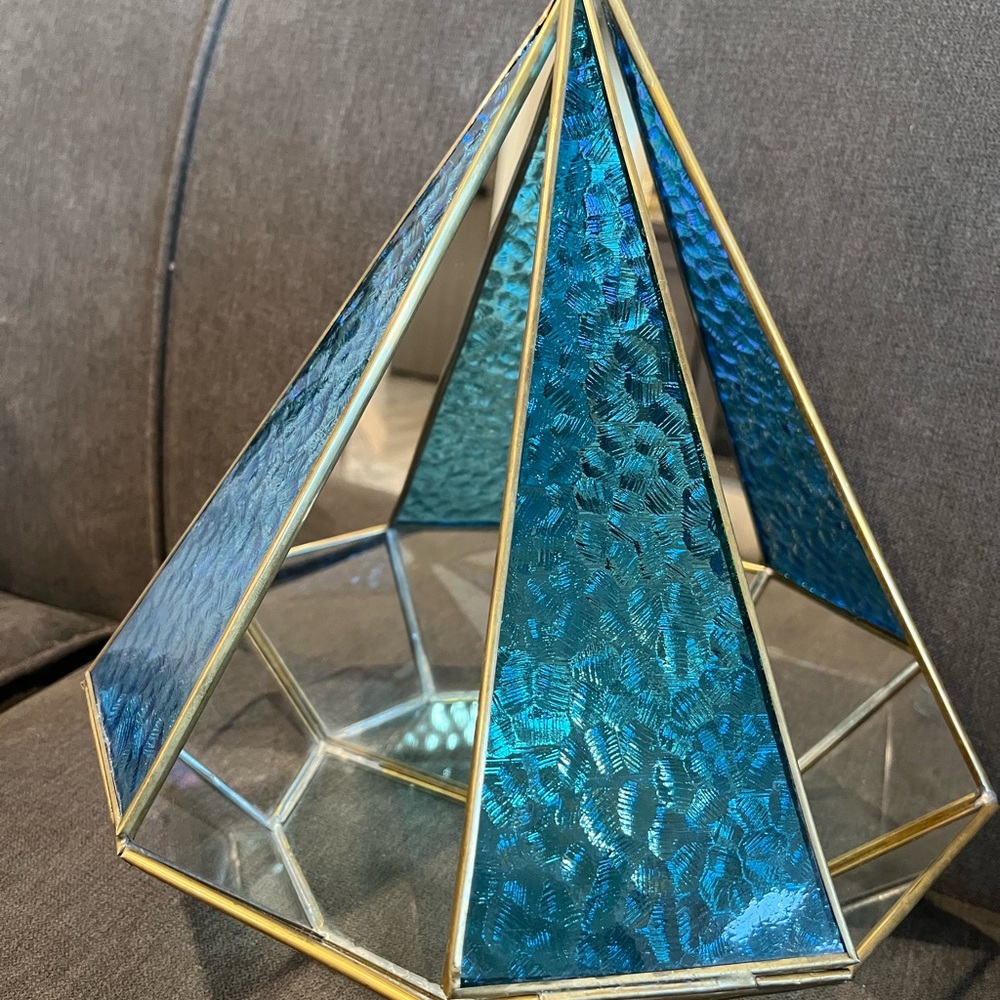 Blue and Gold Geometric Glass Terrarium, stained glass vintage MCM